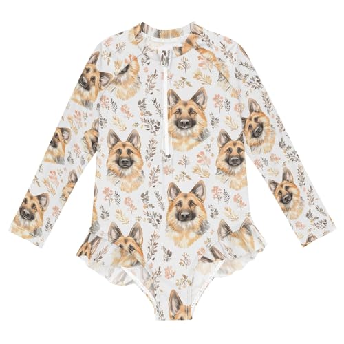 ALAZA Swimsuit for Girls Long Sleeve Rashguard Bathing Suit German Shepherd Quick Dry 4T