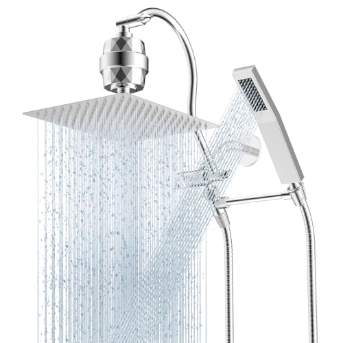 Hibbent All Metal 12'' Filtered Rainfall Shower Head Combo, High Pressure Handheld Shower Wand, 12'' Adjustable Curved Extension Arm, 20 Stage Shower Filter, 71'' Hose, Shower Head Holders,