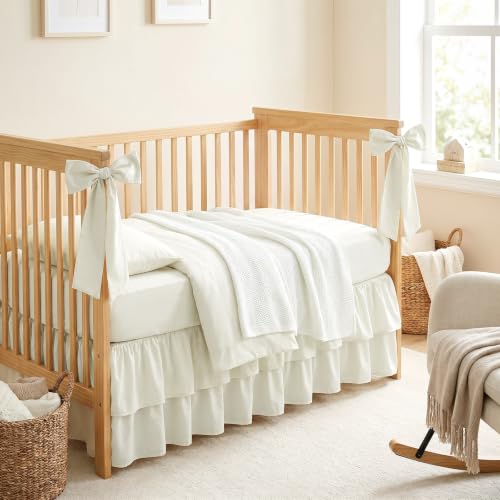 Image of SmoothNovelty Beige Crib Bed Skirts with 4 Large Cot Bow 28 inch x 52 inch Baby Crib Skirt for Boys Girls Nursery Toddler Bed Skirt Dust Ruffle 14 inch Drop (Double Layer)