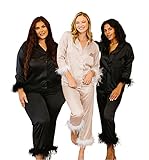 Y WJing Yi Jia Feather Pyjamas For Women Silk Satin Pyjama Set Long Womens 2pc Pj Sets Bridesmaid Bride Pj Set Bridal Button Down Sleepwear Wedding Pajamas Loungewear - Image 2