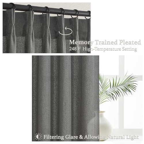 Natural Linen Semi Sheer Ceiling Curtains 102 Inches Long 2 Panels for Patio Sliding Glass Door, Dark Grey Luxury Pinch Pleat Living Room Light Filtering Curtain with Track System Burg Decor 40Wx102L by PleatedDrapes - Used condition - Image 4