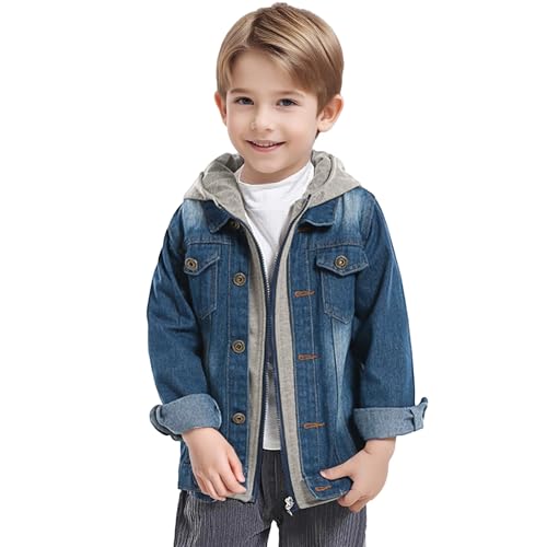 Boys Hooded Denim Jacket Fall Fashion Button Down Lapel Zipper Hoodie Jean Jacket Coat Outwear Clothes for Toddler Kids 1-10Y