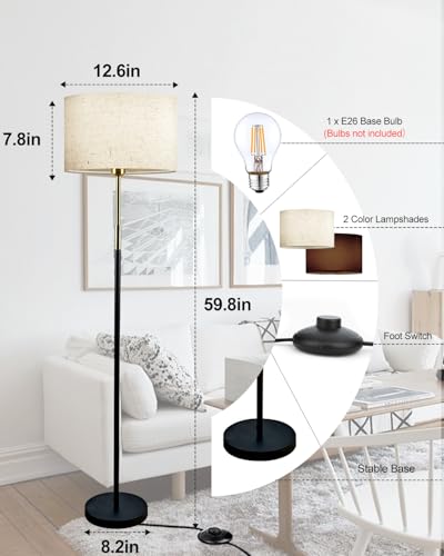 Image of Lightdot 60IN LED Floor Lamp for Living Room, Mid Century Floor Lamps with 2 Color(Off-White, Red-Brown) Fabric Shades, Industrial Floor Lamps, Standing Tall Lamp for Bedroom, Home Office-Black