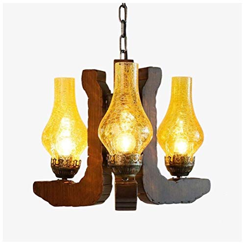 Lustre en bois méditerranéen et verre martelé pour salon style loft indus