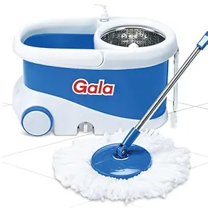 Jet Spin Mop, Steel Winger & Big Wheels, 2 Microfiber Refills, Floor Cleaning Mop Stick with Bucket, pocha for Floor Cleaning, Mopping Set (White and Blue)