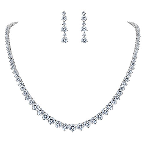 EVER FAITH Wedding Bridal Round Prong Clear CZ Necklace Earrings Set Silver-Tone