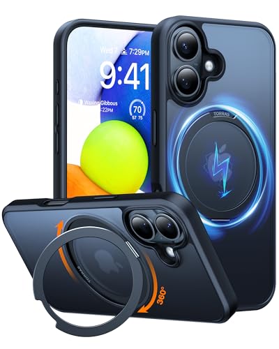 TORRAS 360 Rotatable Magnetic Stand for iPhone 16 Case, [Compatible with MagSafe] [ Flexible Stable Kickstand], 16ft Mil-Grade Shockproof Protection Anti-Scratch Phone Case, Translucent Black 6.1"