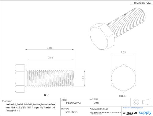 Image of Steel Hex Bolt, Grade 2, Plain Finish, Hex Head, External Hex Drive, Meets ASME B18.2.1 /ASTM A307, 3-1 /2 inch Length, Partially Threaded, 7 /8 inch-9 Threads (Pack of 5)