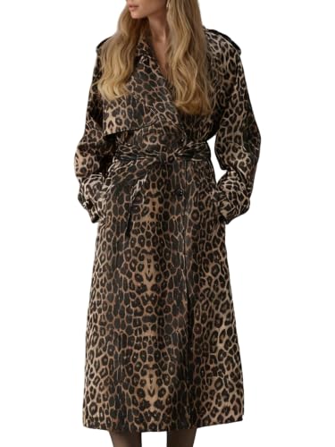 Pallivare Women Leopard Print Trench Coat Long Double-Breasted with Belt