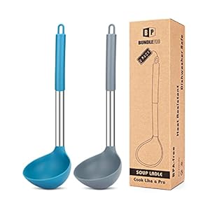 Pack of 2 Ladle Spoon,Silicone Large Spoon for Soup,Non Stick Kitchen Utensils with High Heat Resistant,BPA Free Perfect Kitchen Tools for Cooking, Stirring,Serving Soups (GREY-BLUE)