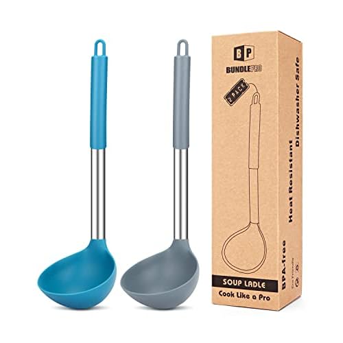 Pack of 2 Ladle Spoon,Silicone Large Spoon for Soup,Non Stick Kitchen Utensils with High Heat Resistant,BPA Free Perfect Kitchen Tools for Cooking, Stirring,Serving Soups (GREY-BLUE)