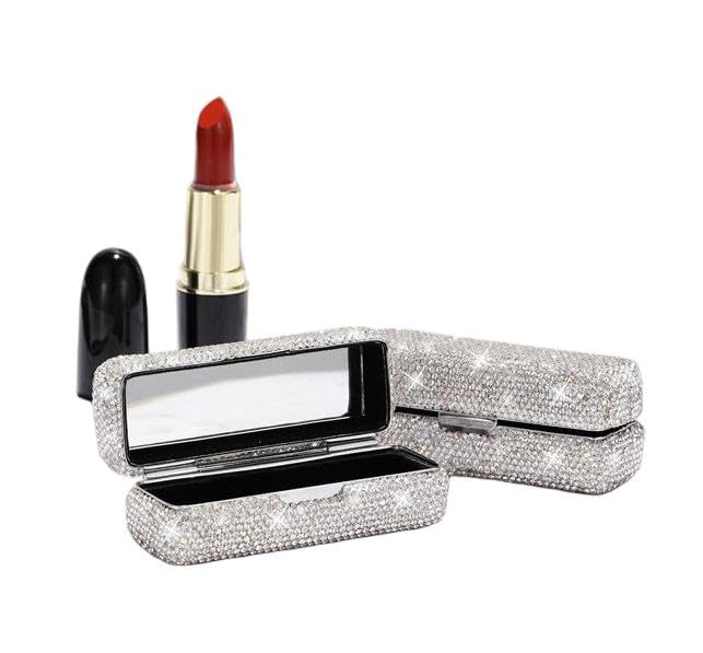 Lipstick Bling Rhinestone Crystal Case Storage Organizer Box with Mirror for Women's Lipstick Holder-Cosmetic Storage Kit (Full silver)