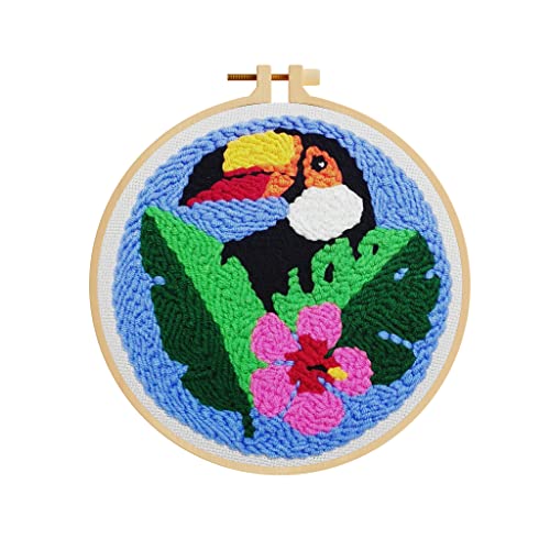 Tropical Toucan Punch Needle Embroidery Rug Hooking Kit with Hibiscus and Palm Leaves, Monks Cloth Needlework Design with Tools and Supplies for Beginners, Experts, Kids, Adults, 20cm diam. (7.87 in.)