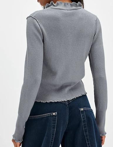 Image of InterNos Womens Slim Fit Cardigan Sweater Ruffle Collar Button Down Cardigans Sexy Solid Open Front Knit Top