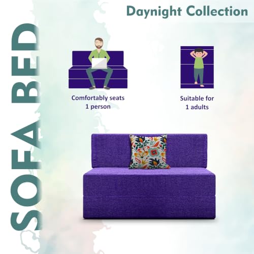 Image of Los Angeles Foldable One Seater Sofa Cum Bed, Sofa Bed 3 X 6 Feet Jute Fabric Washable Cover- Including Cushion Perfect for Living Room - Purple