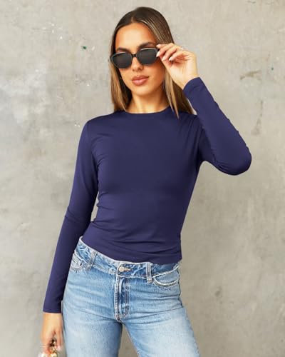 Image of Abardsion Women's Slim Lightweigh Long Sleeve T Shirts | Fall Clothes 2026 Casual Basic Crewneck Going Out Crop Tops Y2K