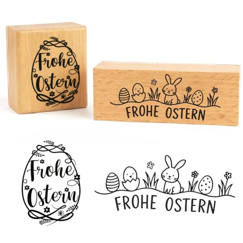 QIMMU 2 Stück Ostern Stempel,Ostern Holzstempel,Frohe Ostern Stempel,Frohe Ostern Holz,Osterei Motivstempel,Mit Gestalteten Ostereiern und Hasen,Für Scrapbooking,Bullet Journal und Osterkarten
