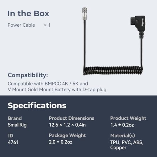 SMALLRIG D-TAP to BMPCC 4K/6K Coiled Power Cable Suitable for Blackmagic Pocket Cinema Camera 4K / 6K for V Mount Gold Mount Battery, Weipu SF6 2 Pin Female to P Tap, 15 inch - 47 inch Length - 4761 by SMALLRIG - Used condition - Image 8