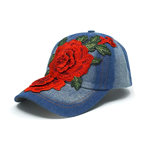 Denim Baseball Cap Women With Big Flowers Adjustable Embroidered Sun Hat Gift For Mom/Ladies (05) #TOP2