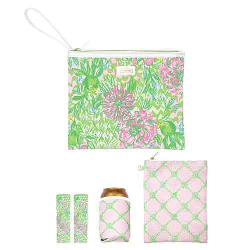 Lilly Pulitzer Water Resistant Vinyl Beach Day Pouch Zipper Bag Includes Drink Hugger Small Pouch and Towel Clips Lime Feeling Good