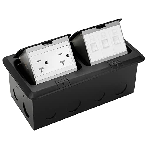 Vagueior Dual Pop Up Floor Electrical Outlet Stainless Steel Box Kit, 20A Tr Tamper-Resistant Duplex Receptacle Outlet，3-Port Rj45 Datacom Receptacle，Corrosive Resistant Hardware, Black Etl Certified #TOP3