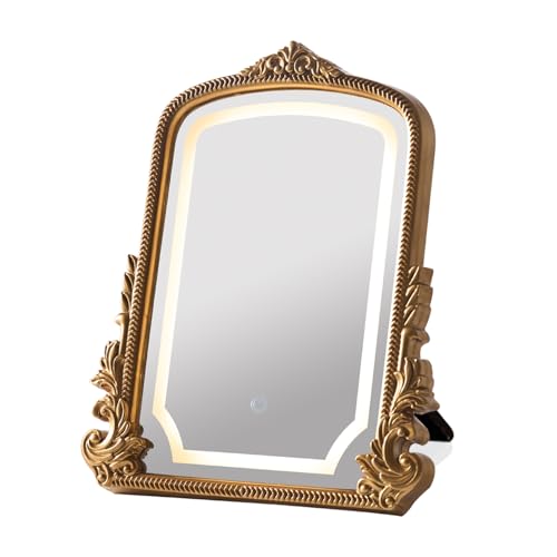 HSDDHOME Vintage Vanity Mirror with Three-Color Lighting, Antique Gold Carved Arch Table Mirror, 16x20 Makeup Mirror for Dressing Room, Bedroom & Boho Decor