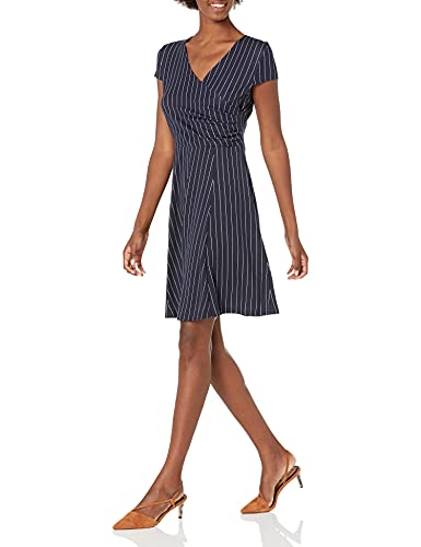 Lark & Ro Women s Cap Sleeve Faux Wrap Fit and Flare Dress, Navy White Pinstripe, Medium