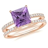2. Carat Princess Cut Amethyst & White Diamond Solitaire Accent Engagement Ring With Matching Band For Women, 14K Yellow Gold Plated 925 Silver February Birthstone Amethyst Bridal Ring Set