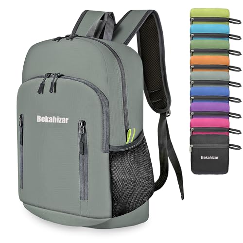 Bekahizar Faltbarer Rucksack Leicht Klein Wanderrucksack 20L Reiserucksack Tagesrucksack Tasche für Männer Frauen Jugendliche Outdoor Wandern Reisen (Grau grün)