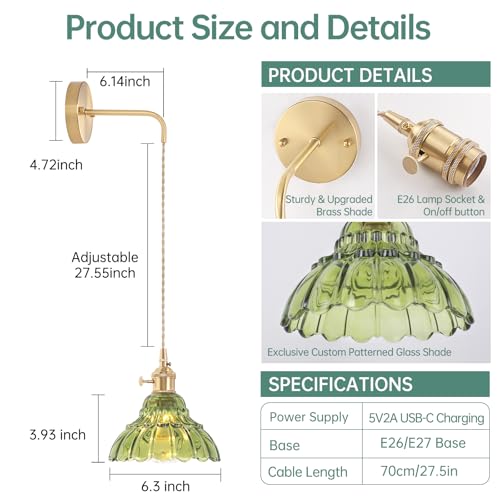 Image of Shenmoyl Battery Operated Wall Sconce Wall Lamp with Green Lily of the Valley Shade Pattern Glass Adjustable Chain Retro Gold Wall Mounted Light, Modern Wall Lamp Fixtures Decor for Bedside Bedroom