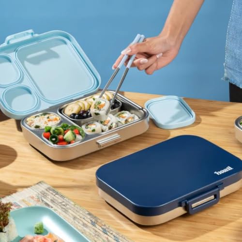 Image of Basil Bento Box Quad Plus - 3+1 Compartment Stainless Steel Lunch Box (1020ml) with BPA-Free Lid | Leak-Proof Tiffin for Kids & Adults | Premium Lunch Box for School, Office & Picnic - Indigo Zen