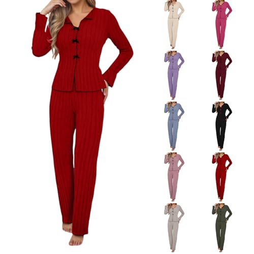 Loinjsnktng Button Up Pajamas For Women Long Sleeve Comfy Winter Sleepwear Nightwear Soft Pjs Lounge Set 2 Piece Fall Clothes Red - image 1