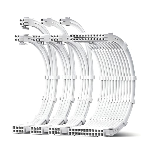 JEYI 18AWG PSU Extension Cable Kit PVC Fabric Texture 1x24Pin ATX / 1x8Pin(4+4) CPU / 2x8Pin(6+2) GPU Power Extension Cable 30cm with Combs White