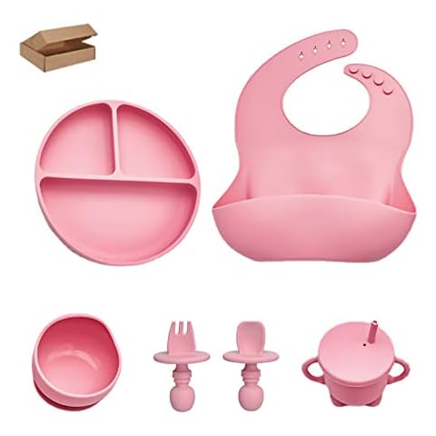 Sempoda 6Pcs Silicone Baby Feeding Set, Baby Led Weaning Feeding Supplies with Suction Bowl Divided Plate Adjustable Bib Soft Spoon Fork Straw Cup with Lid, Toddler Self Feeding Eating Utensil Cover