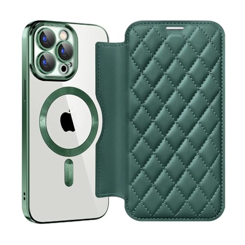 Étui en cuir galvanisé à rabat iPhone 14 Pro protection charge sans fil vert foncé