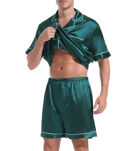 Couple Pajamas Set Men Satin Short Sleeve Sleepwear 2 Pcs Button Down Pjs Loungewear Green Large3
