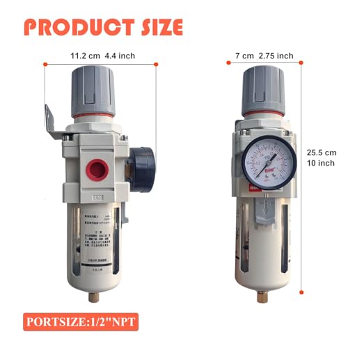 RIH Pneumatics 1/2"NPT Air Filter Pressure Regulator Combo Piggyback, 5 Micron Brass Element, Poly Bowl, Semi-Auto Drain, Metal Bracket, 0-150 psi Gauge Air Tool Compressor Filter with Gauge (1/2"NPT) by RIH - Image 3