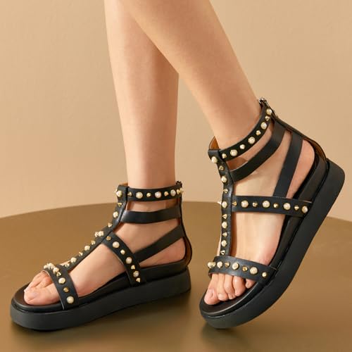 BEAU TODAY Gladiator Sandals for Women, Platform Studded Sandals Women, Comfortable Leather Walking Shoes, Ladies Summer Beach Shoes Dressy Casual Wedding3