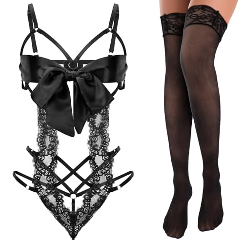 Telooco Dessous Damen Sexy Unterwäsche für Frau mit Strümpfe Set Schleifen Desouses für Frauen Einteiler Spitzen Bodysuit Sexy Dessous-Set...