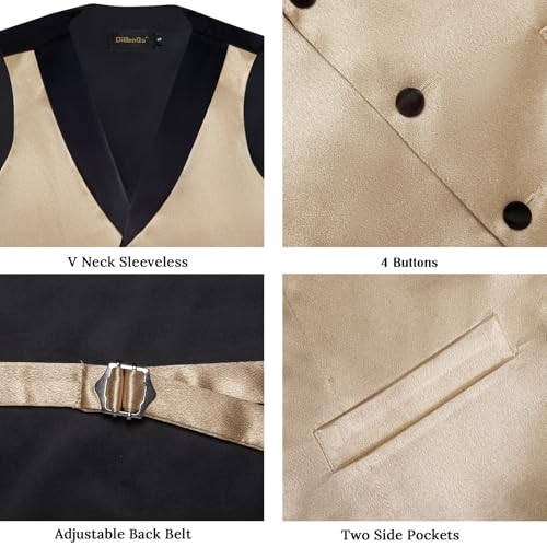 DiBanGu Mens Vest Formal Solid Color Waistcoat and Tie Pocket Square Set Satin Shawl Lapel Dress Vest Wedding Business4