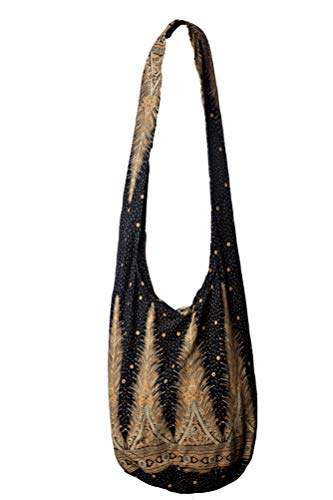 CCcollections Sling Bag Cotton - Bolso grande Boho Hippie Hobo - 40 estampados - Bolso bandolera unisex (Tono de la pluma negra 2)