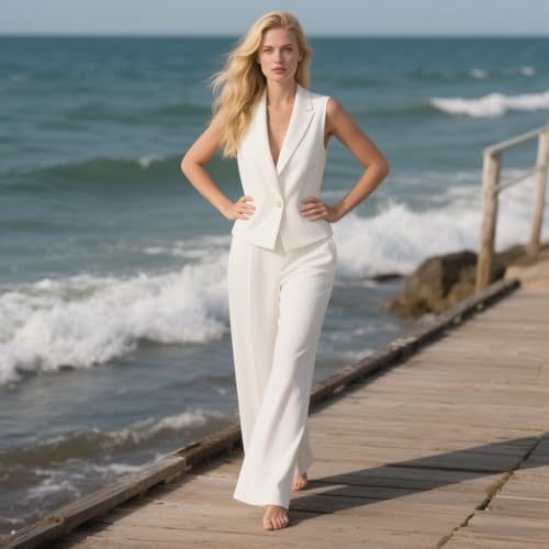 Womens Vest Wide Pants Set 2 Piece Outfits Sleevless Blazer Sets V Neck Suiting2