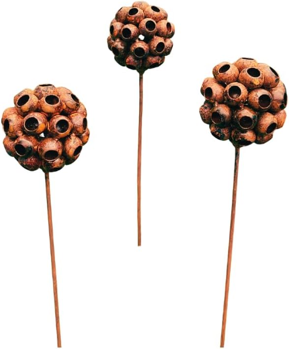 Set of 3 Rustic Metal Exotic Flowers, Garden Decorations, Handmade Sculptures, Rustic Landscaping, Garden Art, Bee and Butterflies Cups