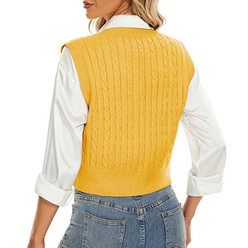 Sweater Vest For Women Crop V Neck Sweaters Sleeveless Cable Knit Vest Pullover Knitwear Tops Yellow Medium #TOP4