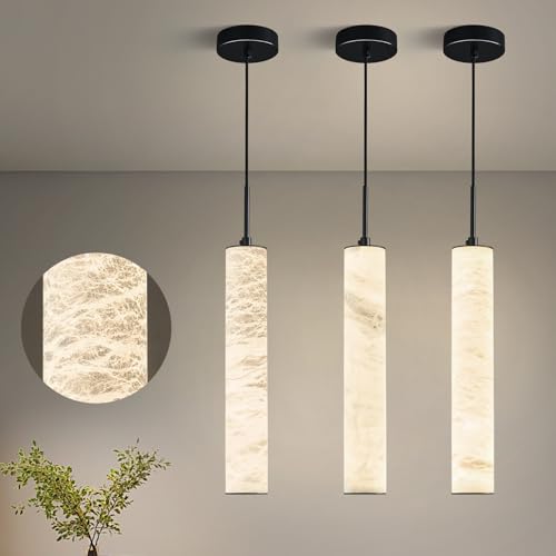 Image of LMQNINE Natural Alabaster Pendant Lights for Kitchen Island White Marble Long Tube Chandelier 4000K Modern Black Ceiling Light Fixtures for Bedroom Dining Room Table Living Room Hallway(M-3Pack)