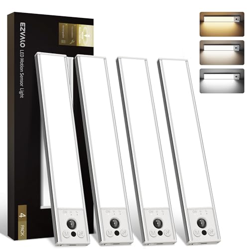 EZVALO 4-Pack Under Cabinet Lights, 2400mAh Rechargeable Motion Sensor Light Indoor, Wireless Closet Lights Battery Operated, with 3 Color Temps, Dimmable, Magnetic, for Kitchen, Stair, Pantry(8inch)