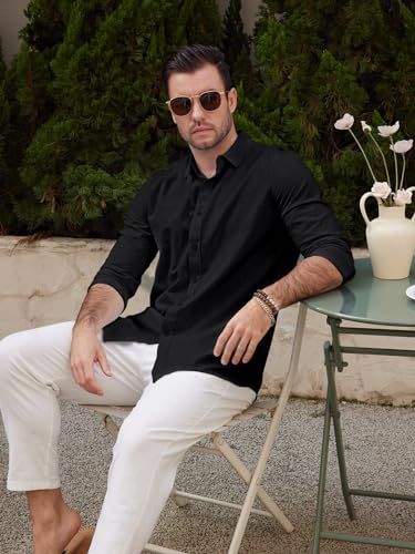 Friptspyg Leinenhemd Herren Hemd Langarm Baumwolle Leinen Hemden Button-Down Freizeithemden Casual Regular Fit Sommerhemd, Schwarz XL 2