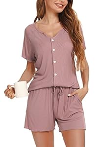 Vlazom Damen Schlafanzug Kurzarm Pyjama Set mit Knöpfe V-Ausschnitt Sleepwear Sommer Nachtwäsche(M,Stil B-Dunkelpink)