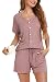 Vlazom Damen Schlafanzug Kurzarm Pyjama Set mit Knöpfe V-Ausschnitt Sleepwear Sommer Nachtwäsche(M,Stil B-Dunkelpink)