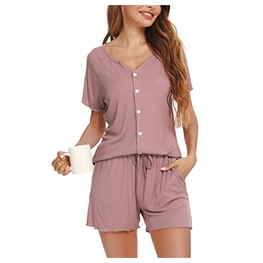 Vlazom Damen Schlafanzug Kurzarm Pyjama Set mit Knöpfe V-Ausschnitt Sleepwear Sommer Nachtwäsche(M,Stil B-Dunkelpink)